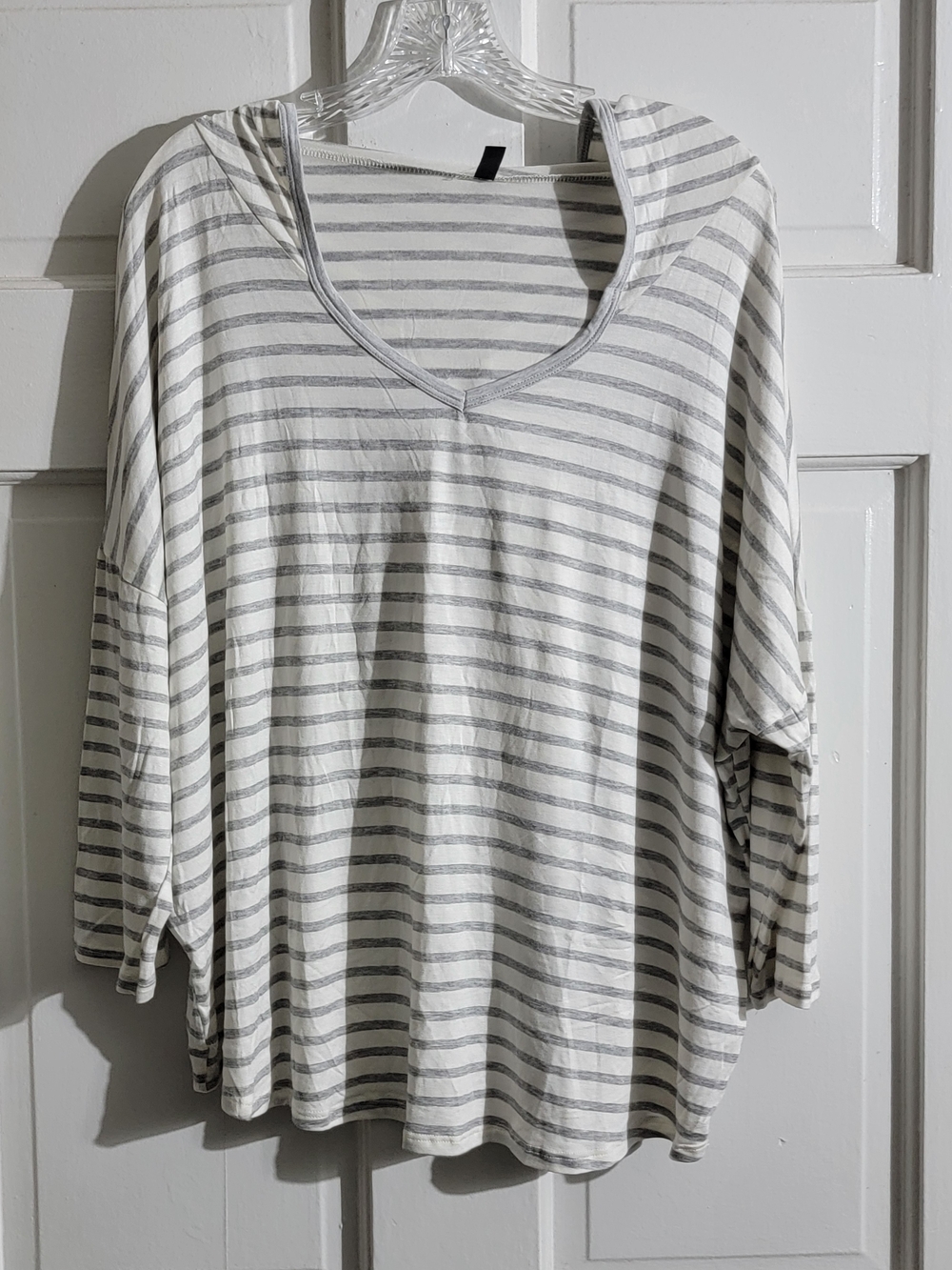 Casual V-Neck Striped Tunic Top - White & Gray